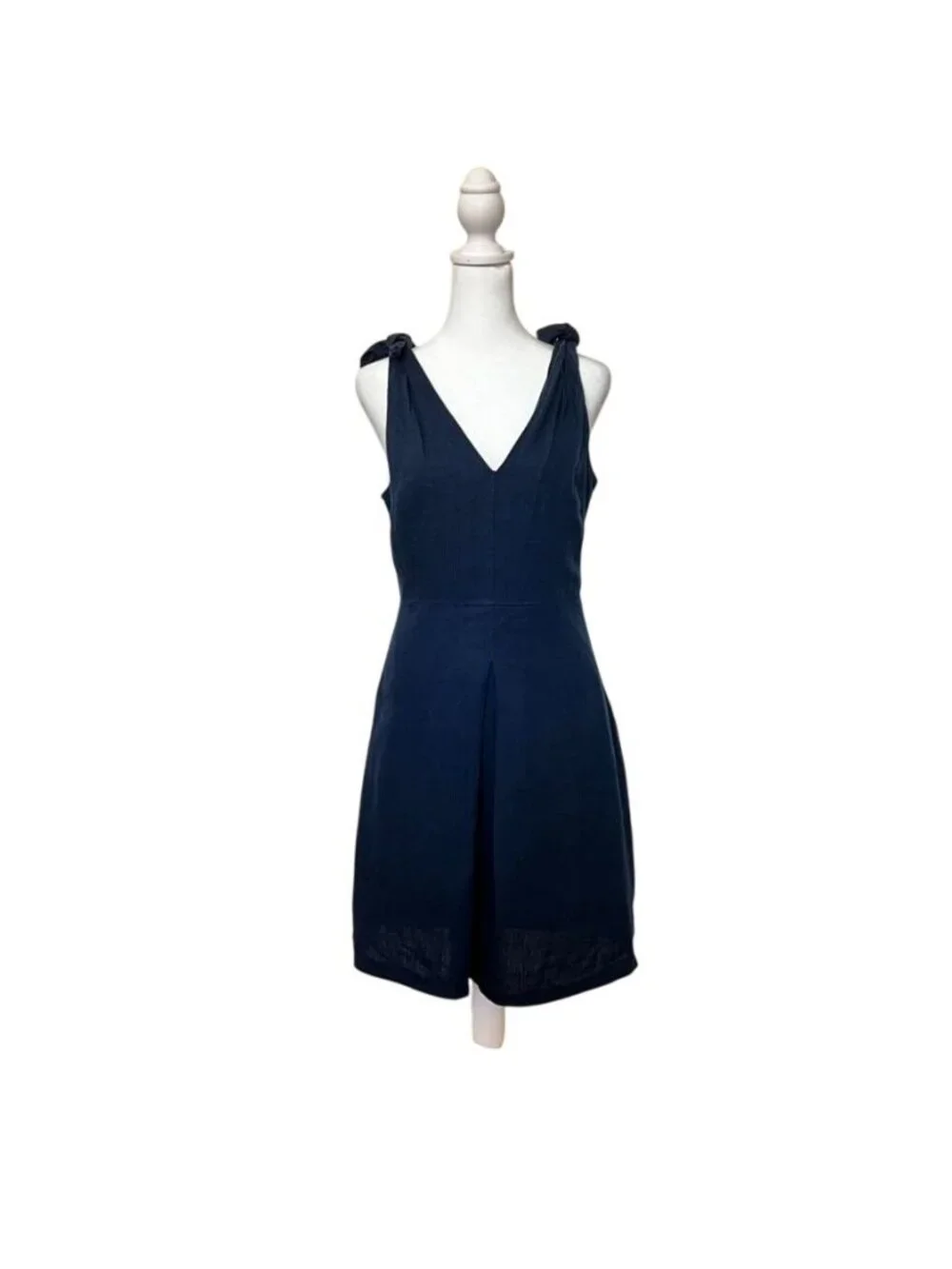 Classic Linen Sleeveless Navy Midi Dress V-Neckline Chic Twee Minimalist Sz 8 - Picture 4 of 16